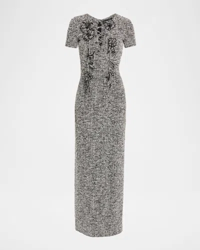 Oscar De La Renta Boucle Jersey Tweed Midi Day Dress In Gray