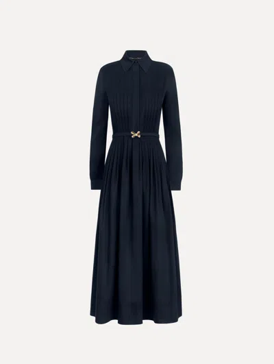 Oscar De La Renta Bow-belt Pleated Flared Midi Shirt Dress In Blue