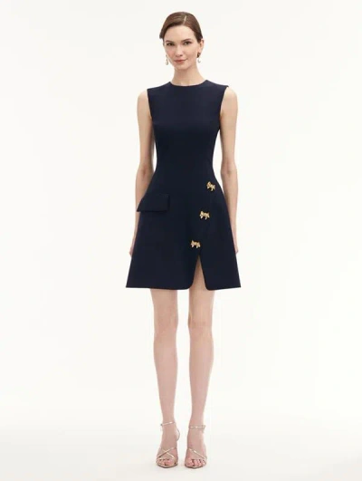 Oscar De La Renta Bow Button Split Skirt Dress In Navy