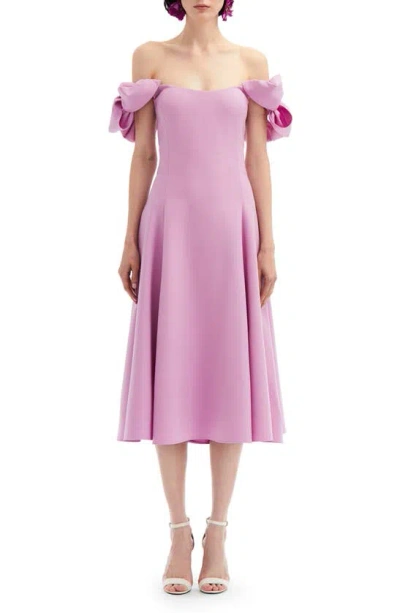 Oscar De La Renta Bow Cap Sleeve Off The Shoulder Virgin Wool Blend Dress In Lupine