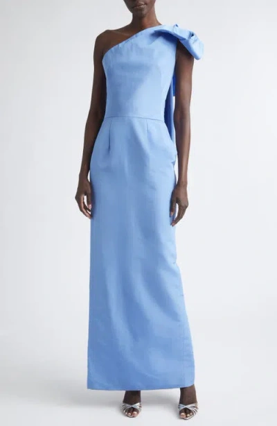 Oscar De La Renta Bow Detail One-shoulder Silk Faille Column Gown In Blue