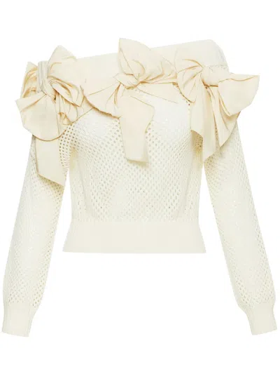 Oscar De La Renta Bow-embellished Pointelle-knit Jumper In White