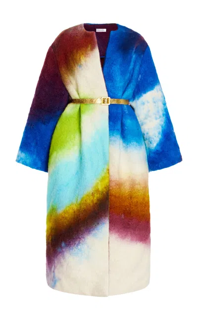 Oscar De La Renta Bracelet Sleeve  Furry Abstract Watercolor Coat With Belt In Multi