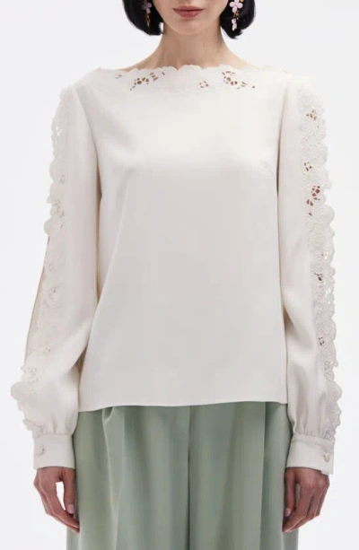 Oscar De La Renta Broderie Anglaise Long Sleeve Top In Ivory