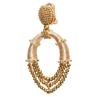 Oscar De La Renta Bronze Gold Beaded Coil Big Hoop Clip On Earrings Pair