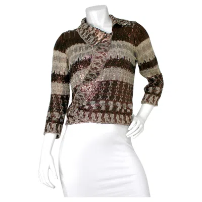 Pre-owned Oscar De La Renta Bronze Silk Knit Wrap Cardigan In Gray