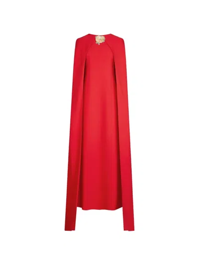 Oscar De La Renta Brooch-embroidered Cape-back Maxi Dress In Red
