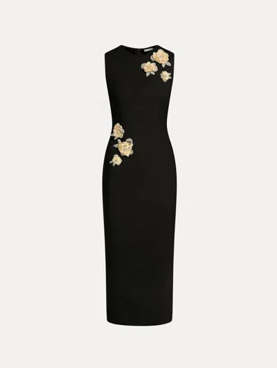 Oscar De La Renta Embroidered Brooch Stretch Wool Cocktail Dress In Black