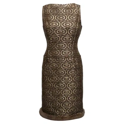 Pre-owned Oscar De La Renta Brown & Gold  Jacquard Fur-trimmed Dress Size Us S
