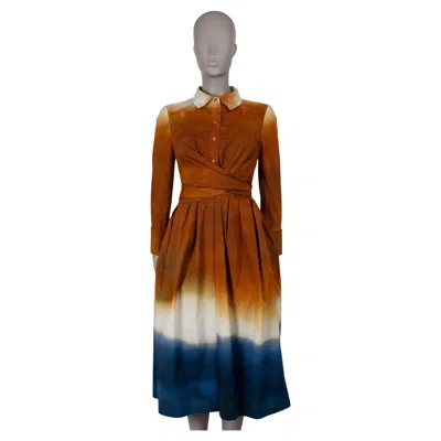 Pre-owned Oscar De La Renta Brown Blue 2024 Ombre Wrap Poplin Midi Dress 2 Xs