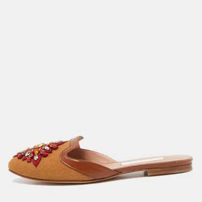 Oscar De La Renta Brown Canvas And Leather Spanish Embellished Flat Mules
