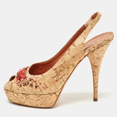 Pre-owned Oscar De La Renta Brown Cork Embellished Slingback Platform Pumps Size 37.5