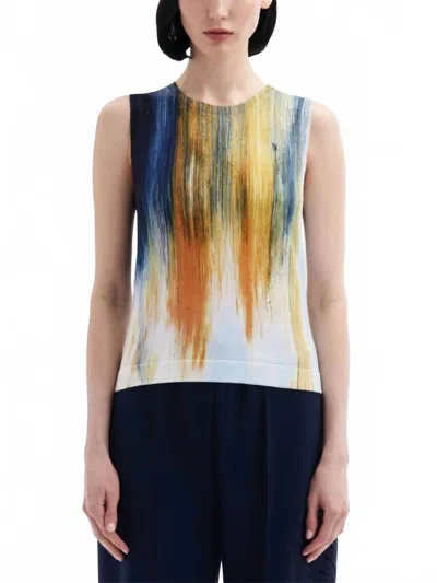 Oscar De La Renta Brush Print Fine Knit Top In Cdu Multi