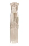 Oscar De La Renta Bugle-beaded Flower-lattice Gown In Metallic