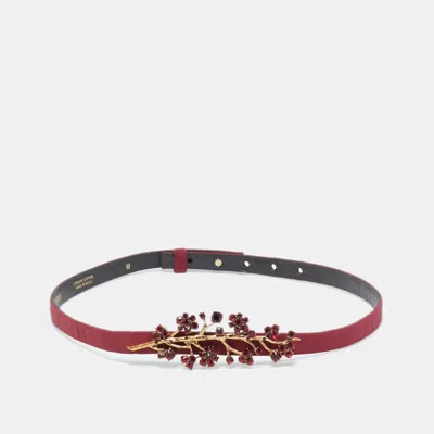 Oscar De La Renta Burgundy Satin Crystal Embellished Slim Belt In Brown