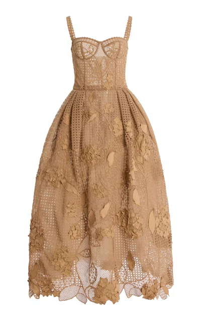Oscar De La Renta Bustier Guipure Cocktail Midi Dress In Brown