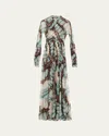 Oscar De La Renta Butterfly Print Long Sleeve Silk Chiffon Gown In Brown