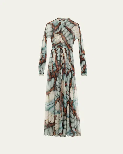 Oscar De La Renta Butterfly Chiffon Long-sleeve Maxi Dress