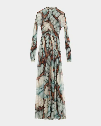 OSCAR DE LA RENTA BUTTERFLY CHIFFON LONG-SLEEVE MAXI DRESS