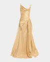 Oscar De La Renta Butterfly Cowl-neck Lame Gown With Slit In Yellow