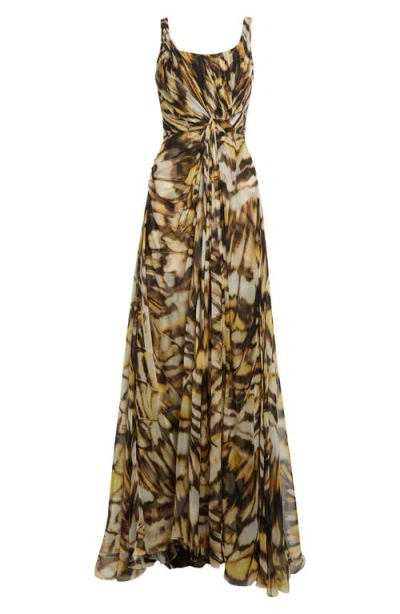 Oscar De La Renta Butterfly Print Draped Silk Chiffon Gown In Brown
