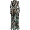 Oscar De La Renta Butterfly Print Long Sleeve Silk Chiffon Gown