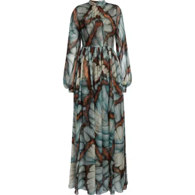 Oscar De La Renta Butterfly Print Long Sleeve Silk Chiffon Gown