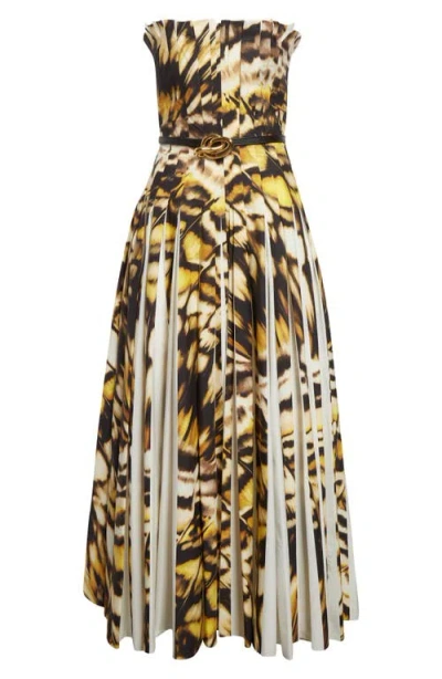 Oscar De La Renta Butterfly Print Pleated Strapless Stretch Poplin Fit & Flare Dress In Multi