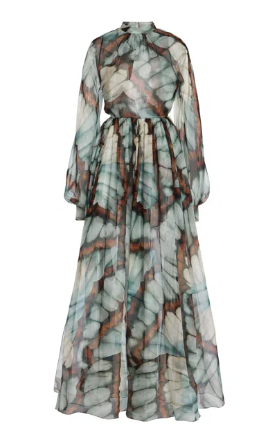 Oscar De La Renta Butterfly-print Silk-chiffon Gown In Blue