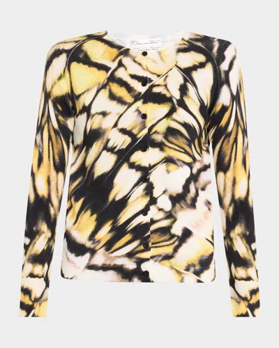 OSCAR DE LA RENTA BUTTERFLY-PRINTED CREWNECK CARDIGAN