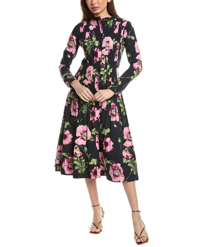 Oscar De La Renta Poppies-print Long-sleeve Pleated Poplin Midi Shirtdress In Navy Pink