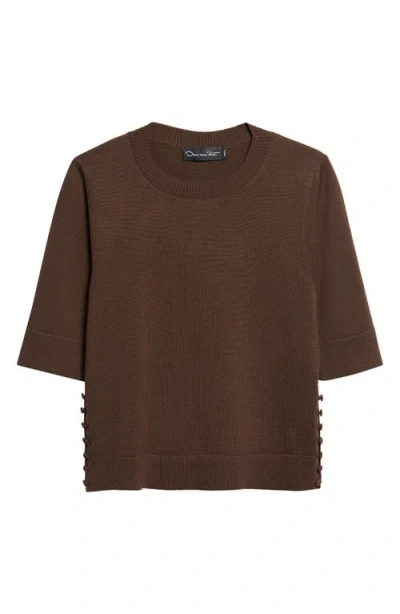 Oscar De La Renta Button Slit Virgin Wool Sweater In Brown