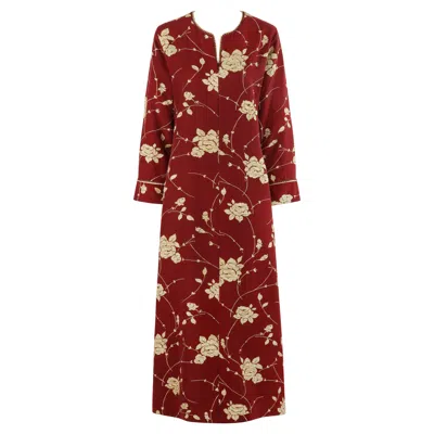 Pre-owned Oscar De La Renta C.2000's Maroon Gold Floral Detail Front Zip Kaftan Maxi Dress In Red