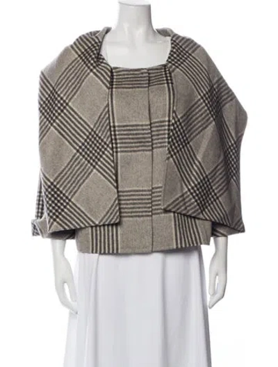Pre-owned Oscar De La Renta Camel Hair Plaid Print Cape In Grey