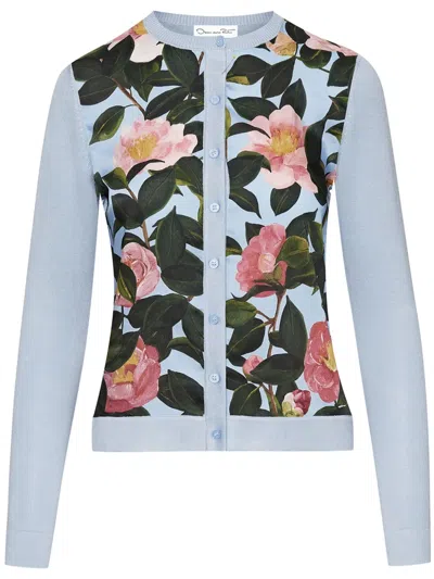 Oscar De La Renta Camellia Print Inset Cardigan In Pink Pale Blue