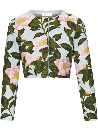 Oscar De La Renta Camellia Print Inset Cardigan In Pink Pale Blue