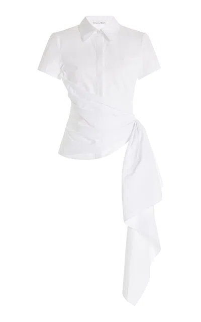 Oscar De La Renta Cap Sleeve  Button Front Draped Blouse In White