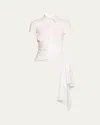 Oscar De La Renta Cap Sleeve Button Front Draped Blouse In White
