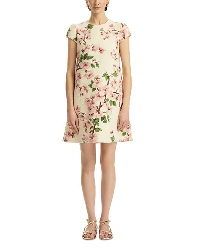 OSCAR DE LA RENTA OSCAR DE LA RENTA CAP SLEEVE EMBROIDERED CHERRY BLOSSOM TWEED DRESS