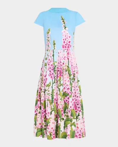 Oscar De La Renta Cap-sleeve Foxglove-print Pleated Cotton Poplin Midi Dress In Multi