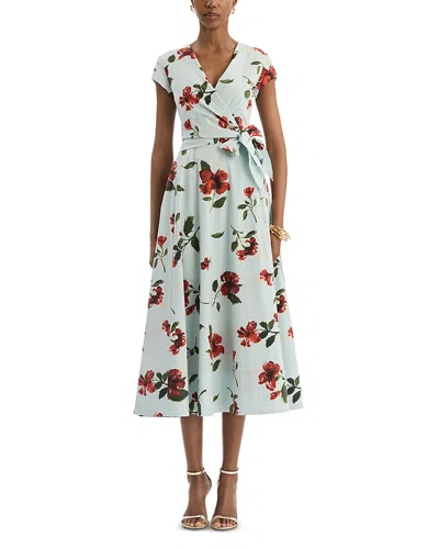 Oscar De La Renta Cap Sleeve Hibiscus Cotton Poplin Wrap Dress In Multi