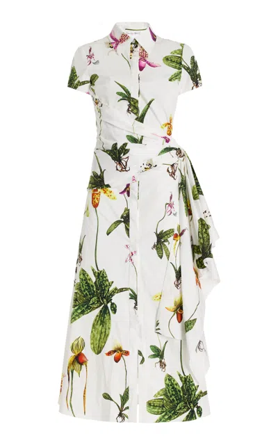 Oscar De La Renta Cap Sleeve  Orchids Poplin Dress With Sash Detail In Floral