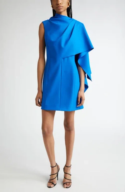 Oscar De La Renta One Shoulder Cape Detail Stretch Wool Mini Dress In Lapis
