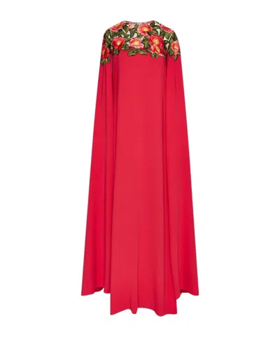 Oscar De La Renta Cape Effect Decal Dress In Red