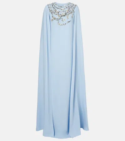 Oscar De La Renta Crystal Necklace Embroidered Caftan In Blue