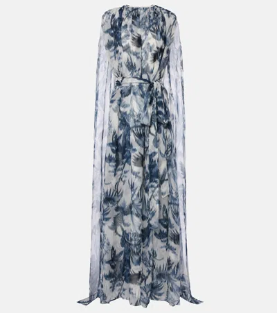 Oscar De La Renta Caped Silk Gown In Blue