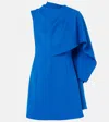 Oscar De La Renta One Shoulder Cape Detail Stretch Wool Mini Dress In Lapis