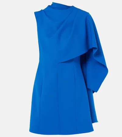Oscar De La Renta One Shoulder Cape Detail Stretch Wool Mini Dress In Lapis
