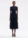 Oscar De La Renta Short-sleeve Tweed And Guipure Skirt Midi Dress With Self Belt In Navy