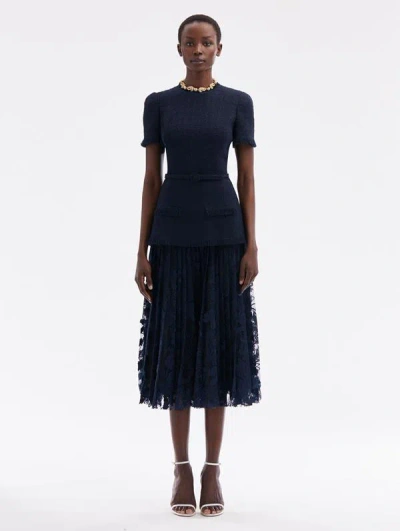 Oscar De La Renta Short-sleeve Tweed And Guipure Skirt Midi Dress With Self Belt In Navy